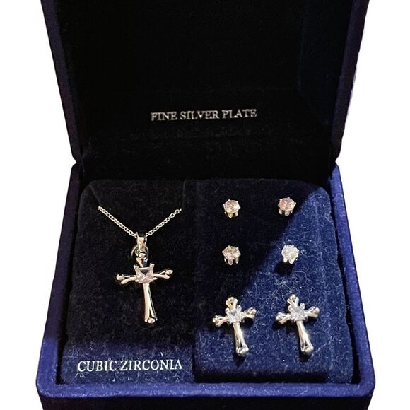 Silver Plate Cubic Zirconia Cross Necklace and Stud Earring Set - Picture 1 of 3